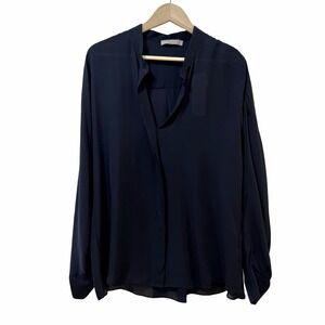 Vince Women Collared 100% Silk Popover Blouse Size 12 Navy Office Quiet Luxe NEW